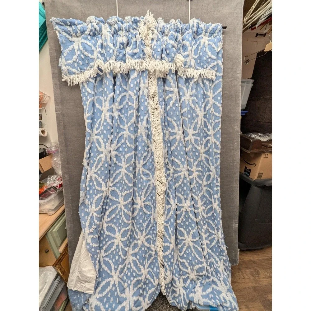 Vtg Bath Curtains Double Wedding Ring Chenille Drapes Blue White Pair Rod Pocket
